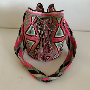 Authentic Wayuu Mochila Bag Large Crossbody Handmade Tan Pink Turquoise Brown
